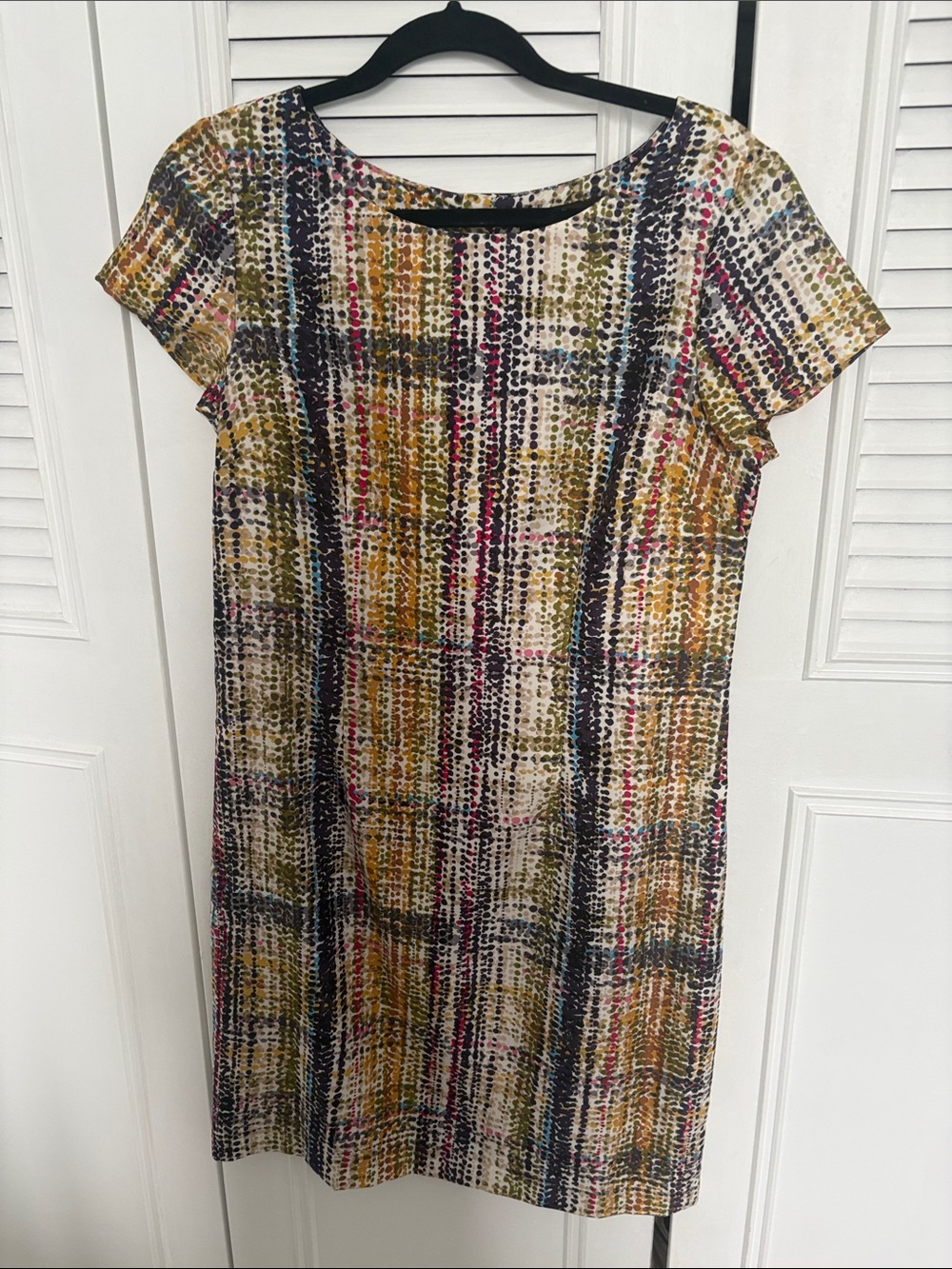 Multi-Color Short-Sleeve Shift Dress - Pink, Yellow & Black Pattern